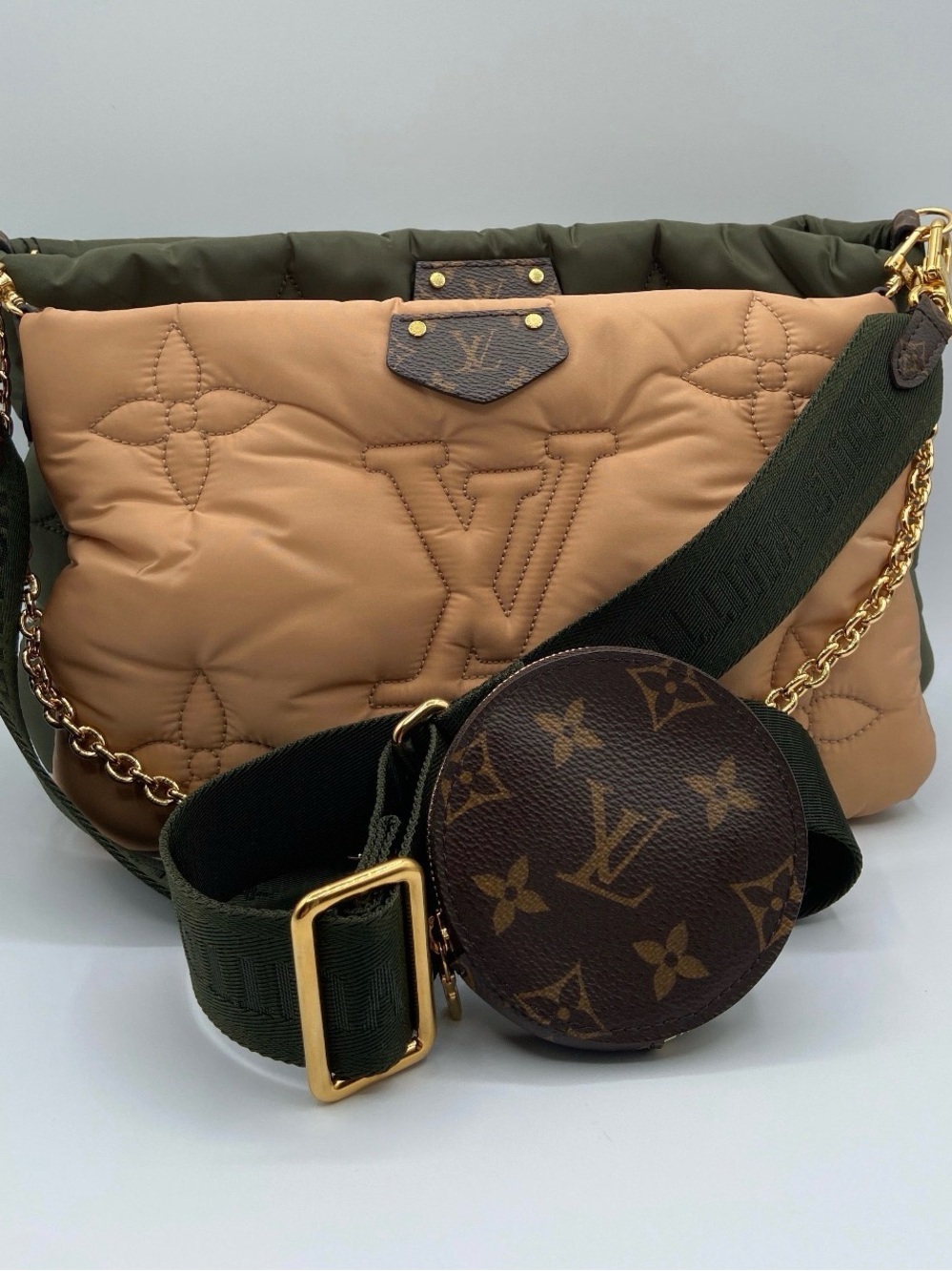 Louis Vuitton Beige & Olive Quilted double pouchette Bag with Monogram Coin